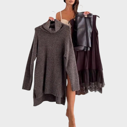 Stylish women's brown two-piece sweater and slip dress set, showcasing an elegant and chic autumn fashion look.