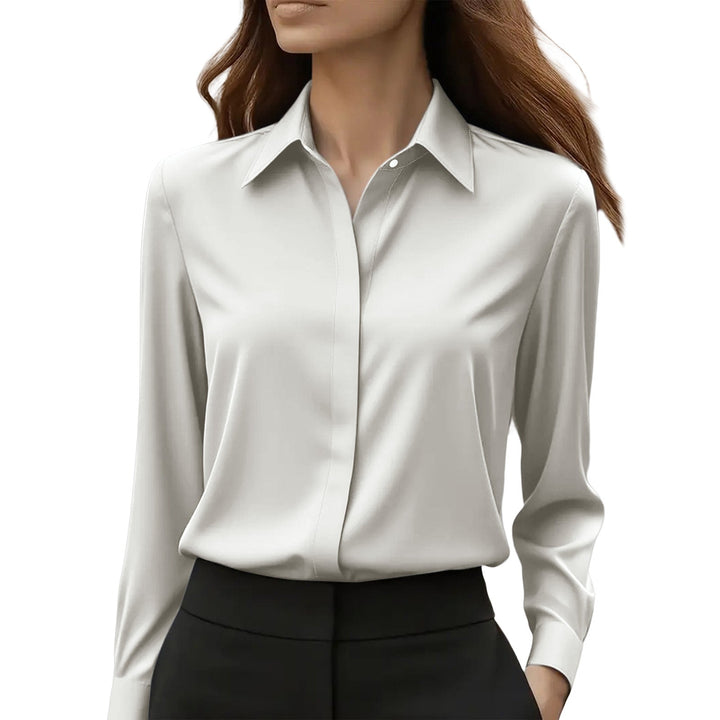 Stylish women's work blouse, elegant button-front. Sophisticated long sleeve top for office & evening.