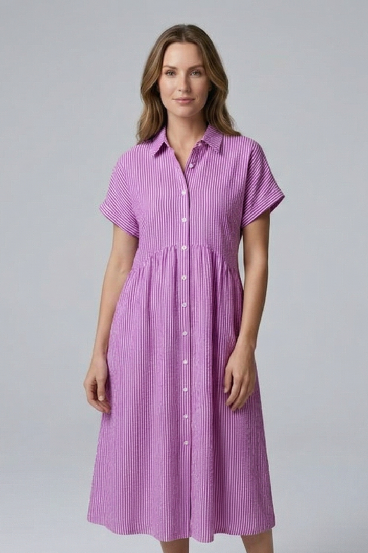 Classic women's button-front midi dress with collar, bringing elegance to casual & office outfits.