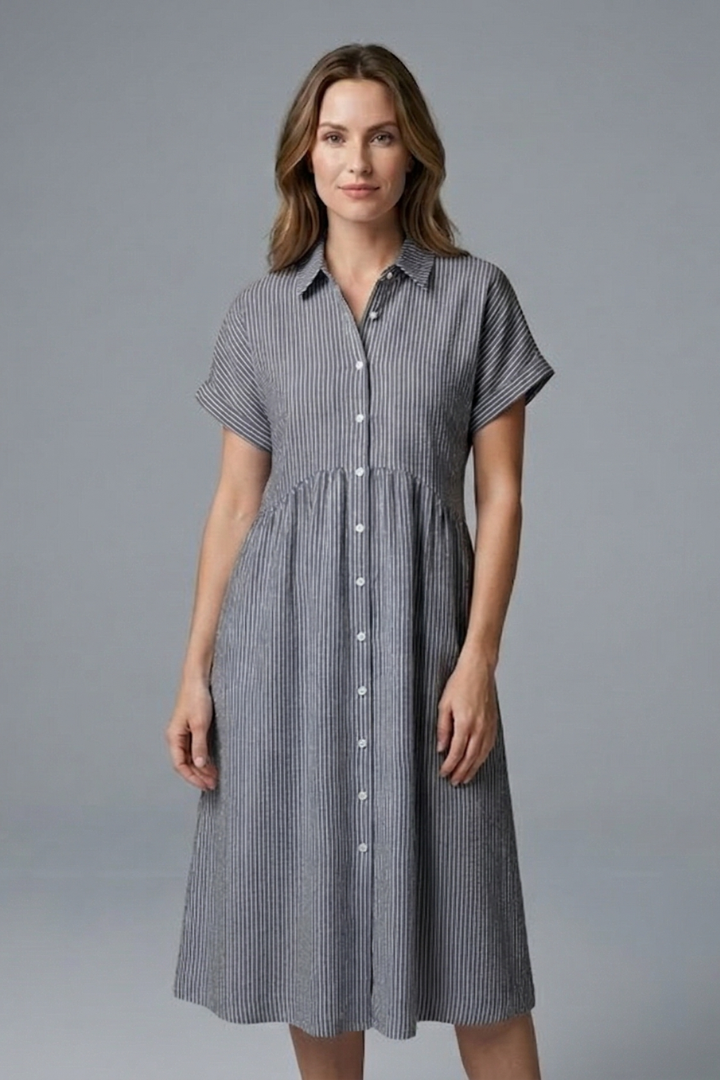 Trendy women's button-front collar midi dress, combining elegance with versatile casual and office fashion.