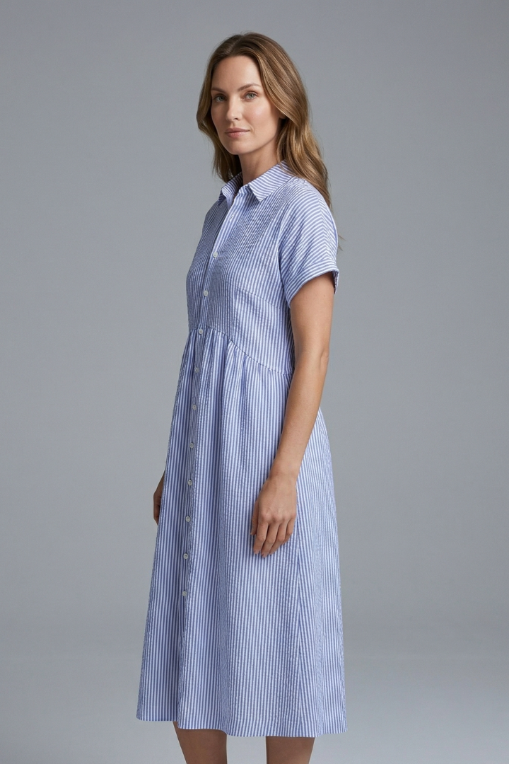 Women's elegant button-front collar midi dress, a versatile and chic piece for modern womenswear.