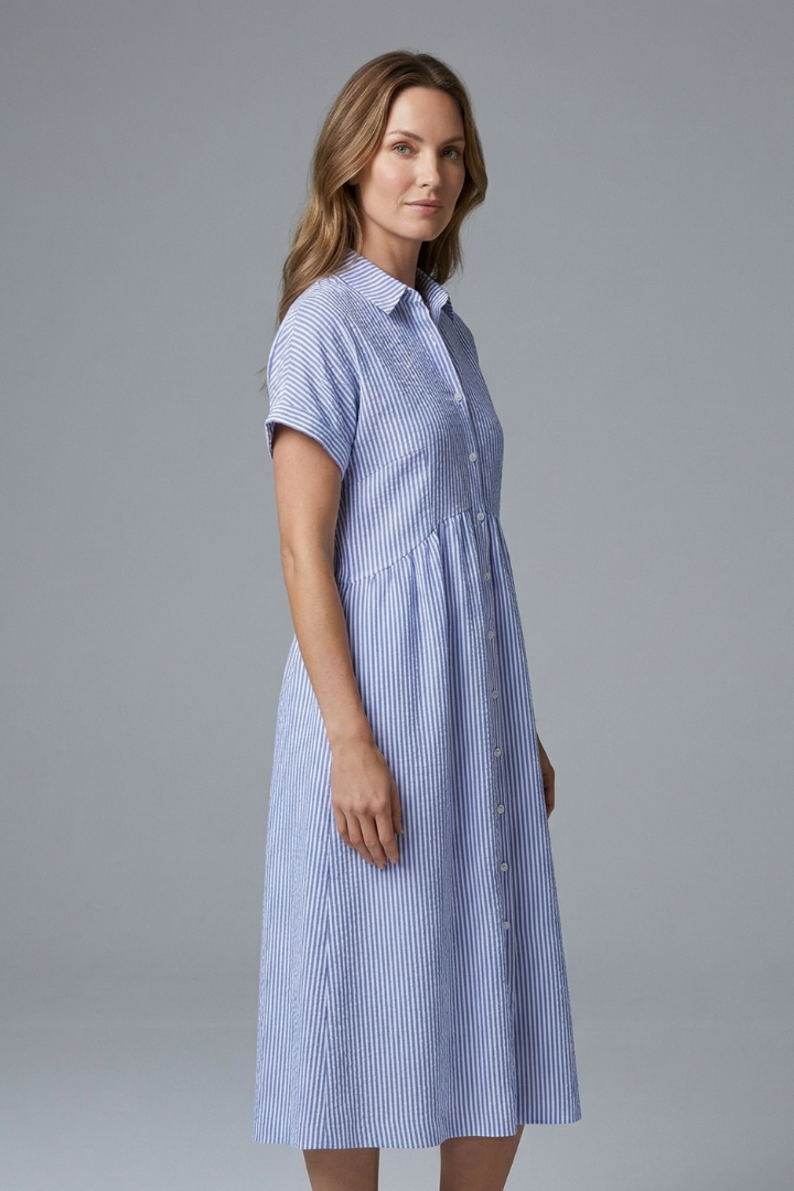 Fashionable women's midi dress featuring a sophisticated button-front and collar, suitable for office.