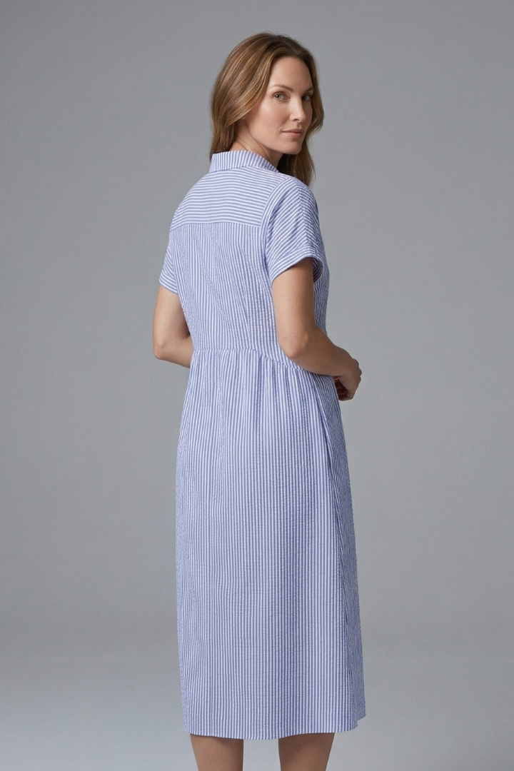 Chic women's elegant button-front collar midi dress, offering versatile style for any occasion.