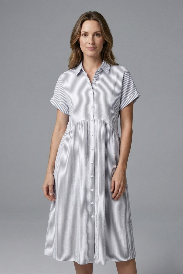Versatile women's midi dress, button-front & collar design, suitable for casual, office & day wear.