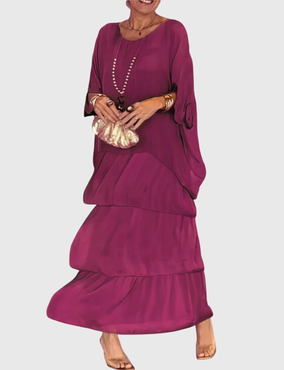 Modern women's button-up long dress, elegant maxi style for formal special occasions.