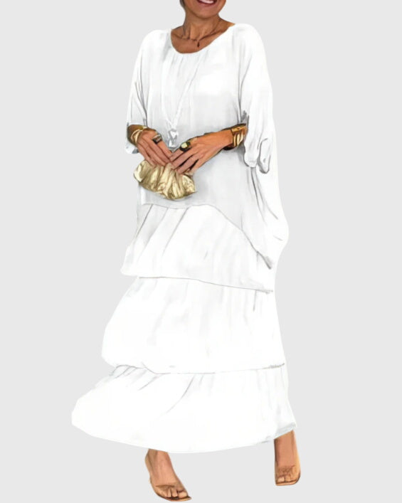 Classic women's formal button-up maxi dress, elegant and comfortable for events.