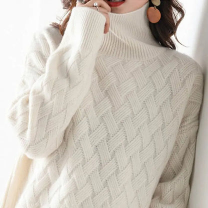 Soft women's turtleneck pullover. This warm, comfortable sweater features a unique cascade and chic chevron pattern.