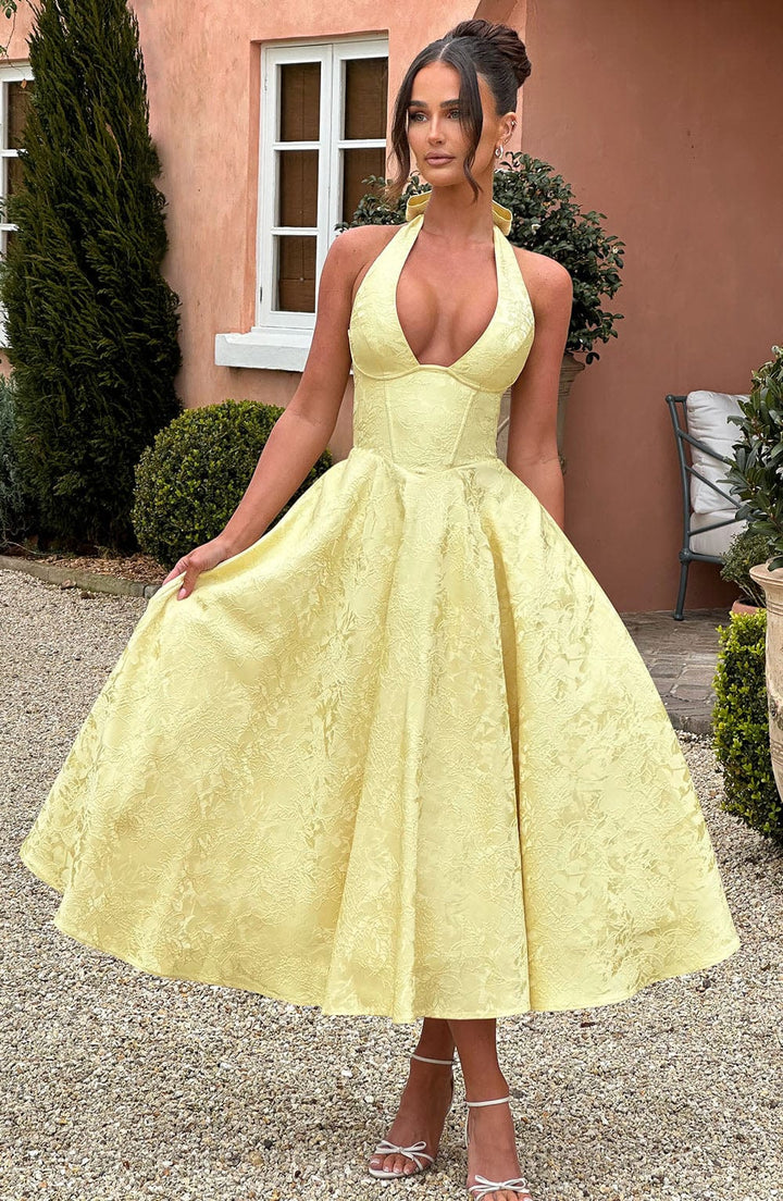 Women's elegant A-line halter midi dress with corset, perfect for wedding guests & formal events.