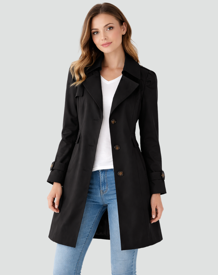 Elegant women's classic black trench coat with a tailored fit, perfect for sophisticated outerwear.