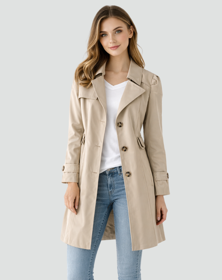 Professional women's tailored trench coat, a classic outerwear piece with a stylish button-front design.