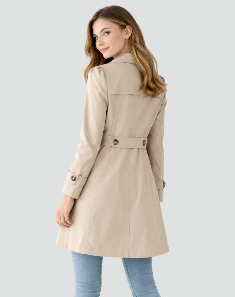 Versatile black hip-length trench coat for women, offering a sophisticated and elegant outerwear option.