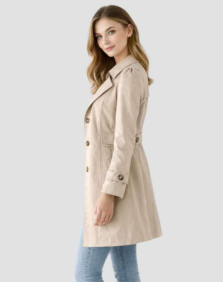 Stylish women's tailored trench jacket, featuring a classic button-front and elegant hip-length design.