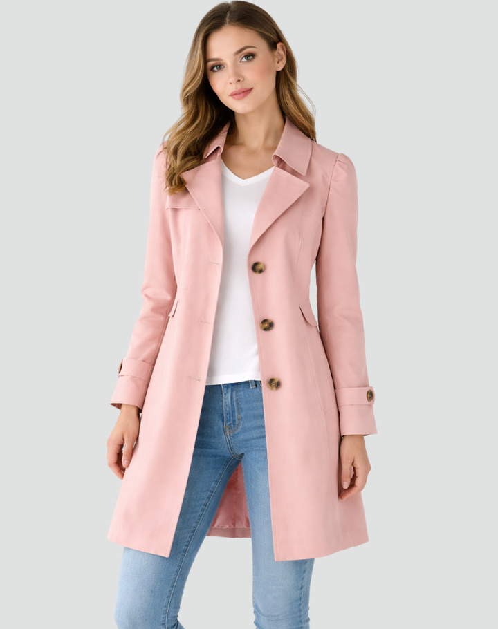 Classic women's elegant trench coat, tailored for a professional look. Ideal versatile outerwear.