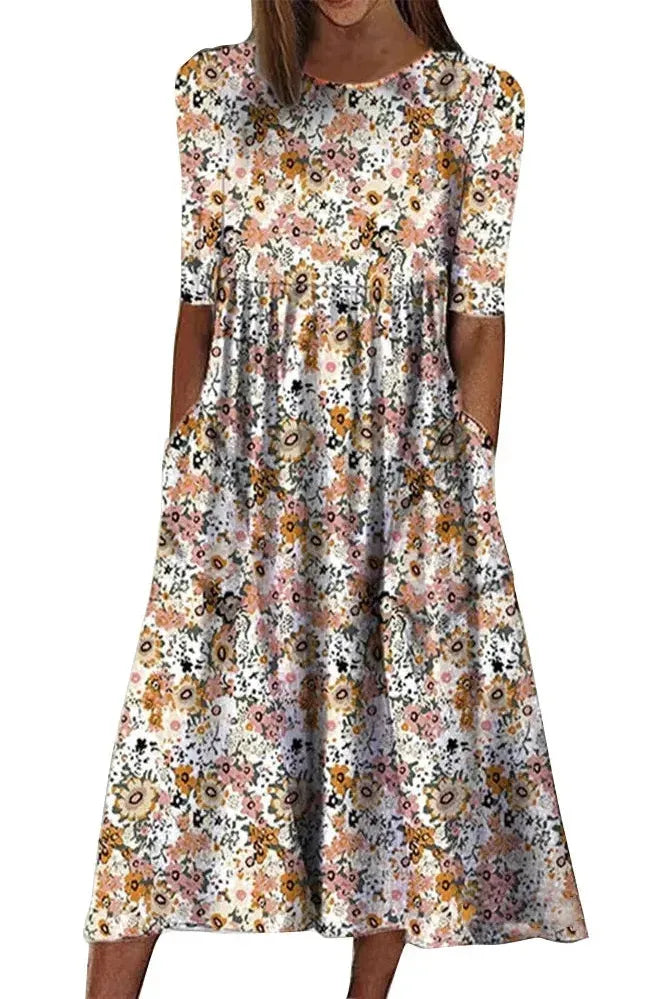 Elegant women's classic blue midi dress with sophisticated button detail. Features a flattering floral print & versatile style.