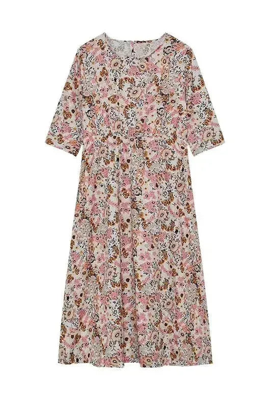 Versatile women's classic midi dress with intricate button details. Sophisticated floral print in blue & ivory.