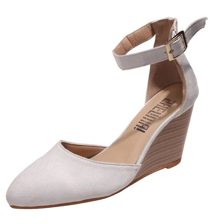 Burgundy women's closed-toe wedge heels, elegant and comfortable with a secure ankle strap. Dressy & versatile.