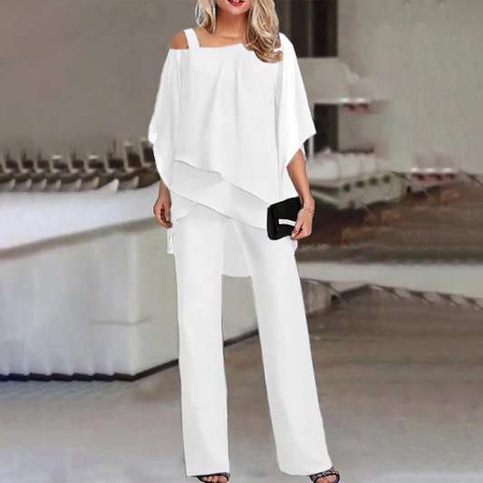 Elegant women's cold shoulder two-piece pant set, ideal for formal events, business, or stylish party wear.