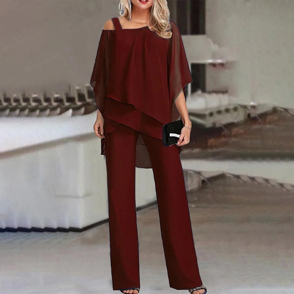 Sophisticated women's two-piece cold shoulder outfit, perfect for formal occasions, business meetings, or parties.
