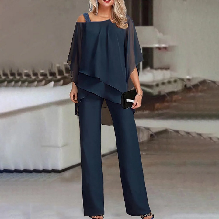 Chic women's cold shoulder pant set designed for an elegant, fashionable, and comfortable formal look.