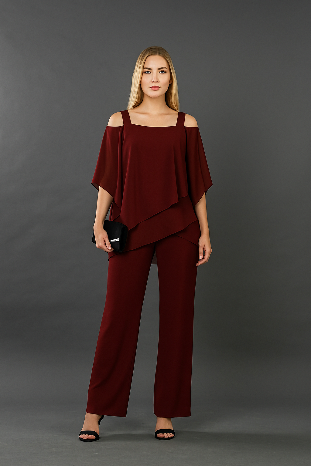 Elegant women's cold-shoulder two-piece pants set. Chic black outfit perfect for special occasions.