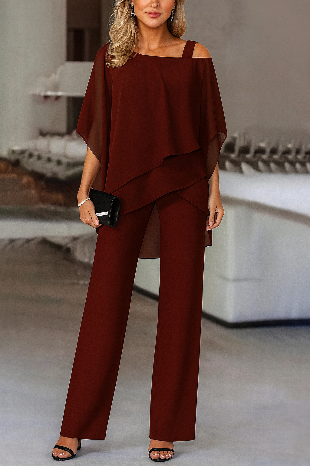 Women's elegant cold-shoulder pants set, a versatile two-piece outfit for casual chic or special events.