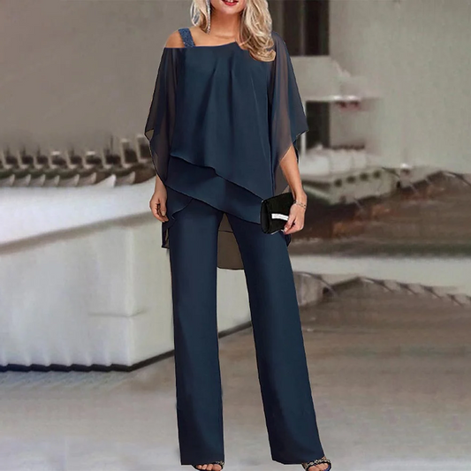 Elegant women's cold shoulder two-piece set, perfect for parties & formal events. Chic pants & top.
