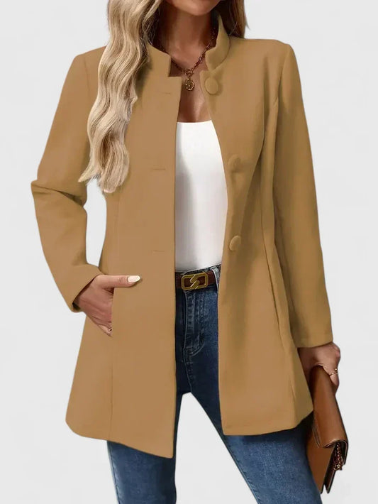 Elegant women's collarless jacket. Chic, modern style perfect for workwear & versatile layering.