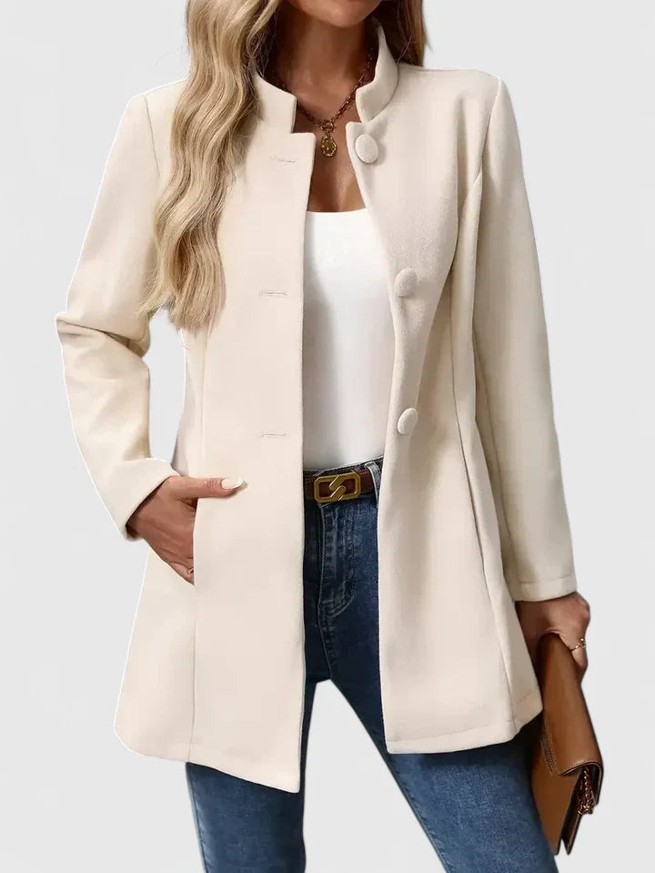 Camel collarless jacket for women. Sophisticated & versatile modern outerwear with button-front detail.
