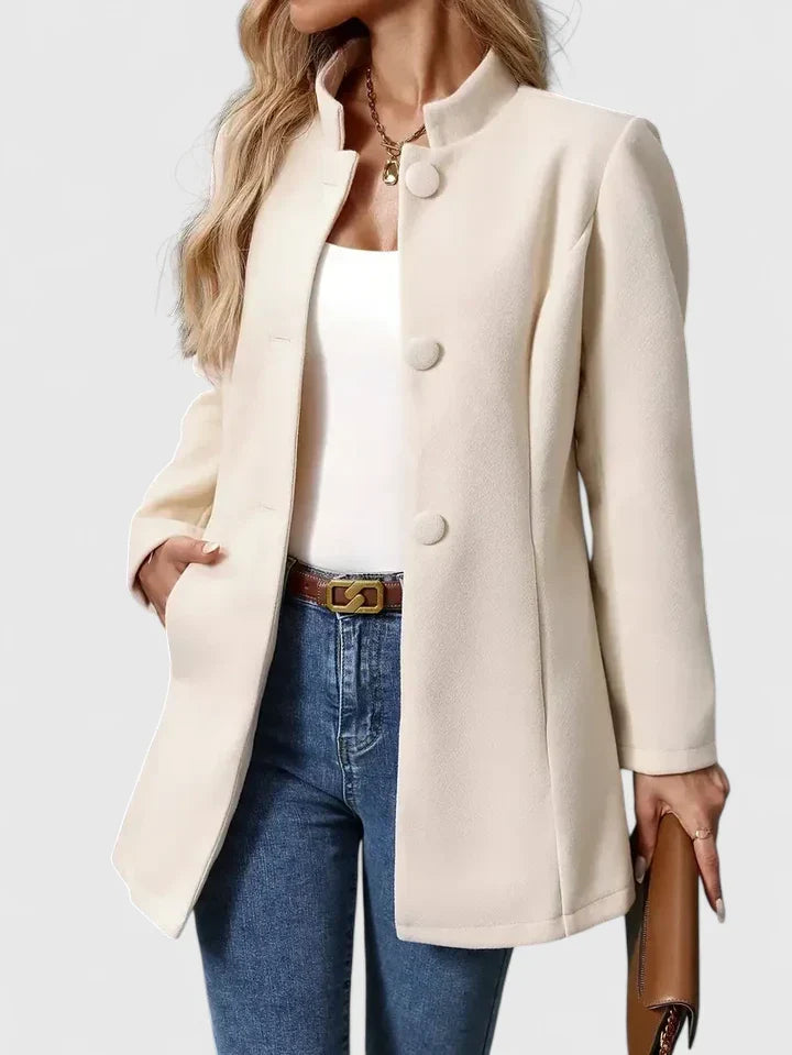 Women's collarless jacket. Elegant button-front design for modern, chic & versatile workwear style.