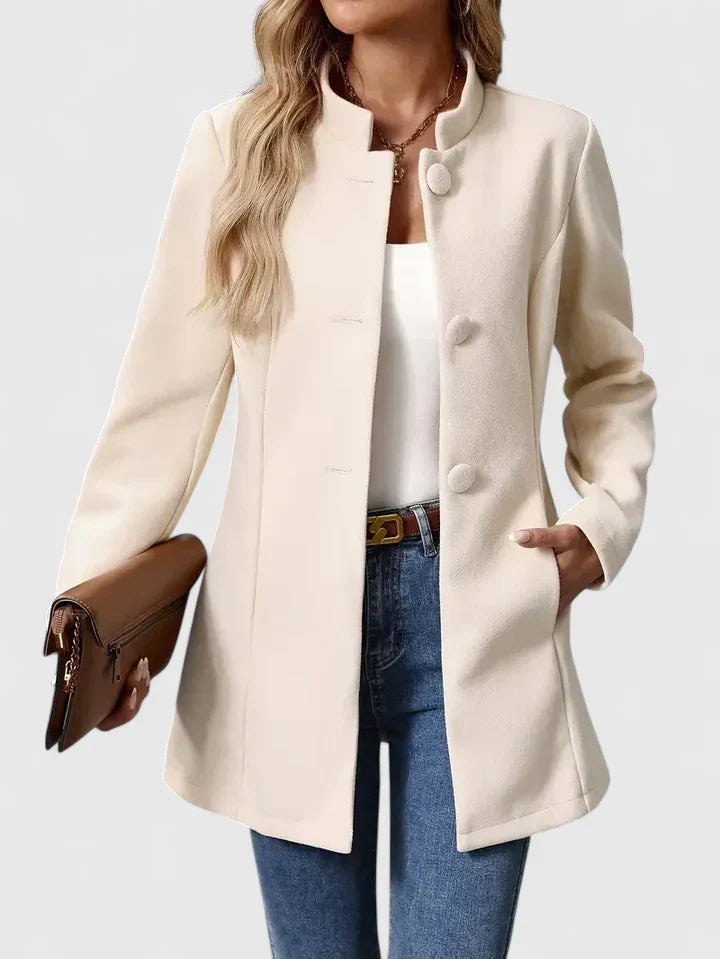 Sophisticated cream collarless jacket. Women's modern workwear, elegant button-front outerwear.