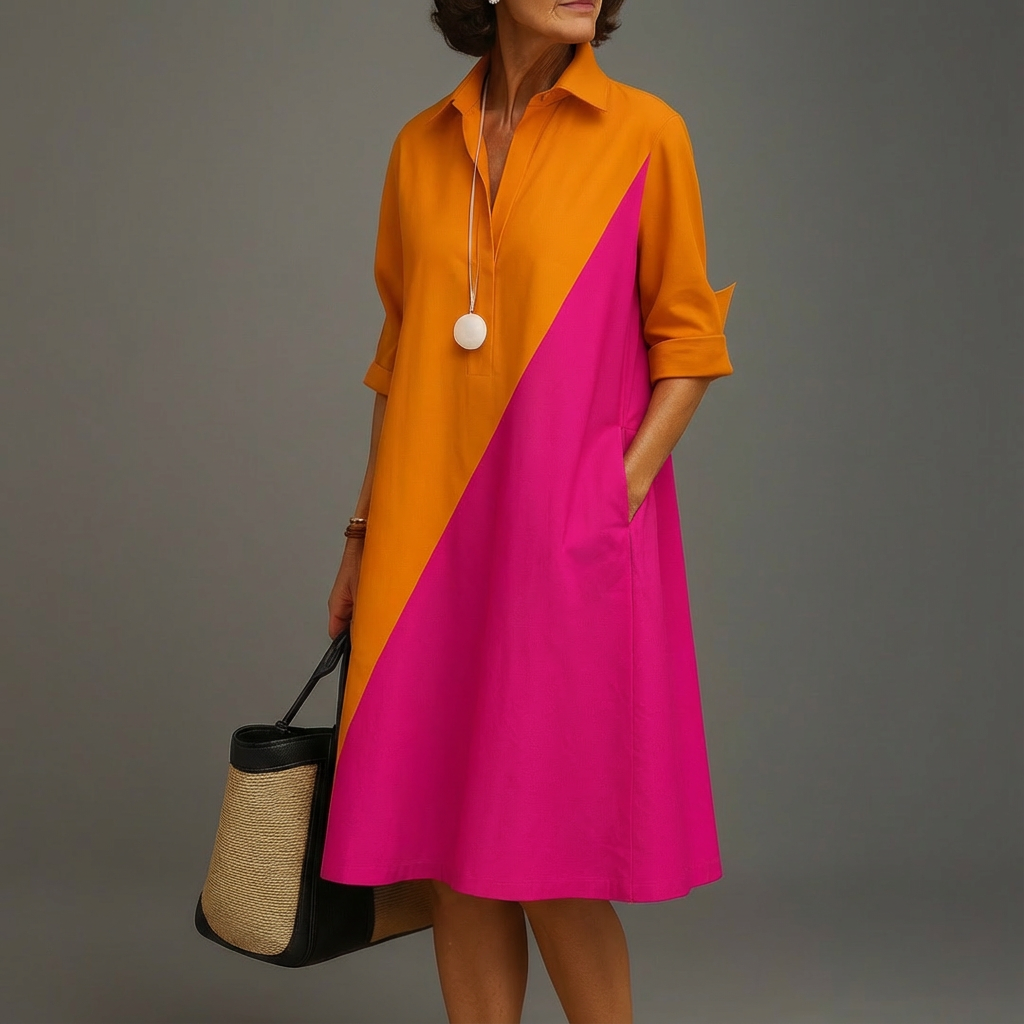 Elegant women's color-block midi dress with long sleeves and A-line silhouette, perfect for versatile fashion.