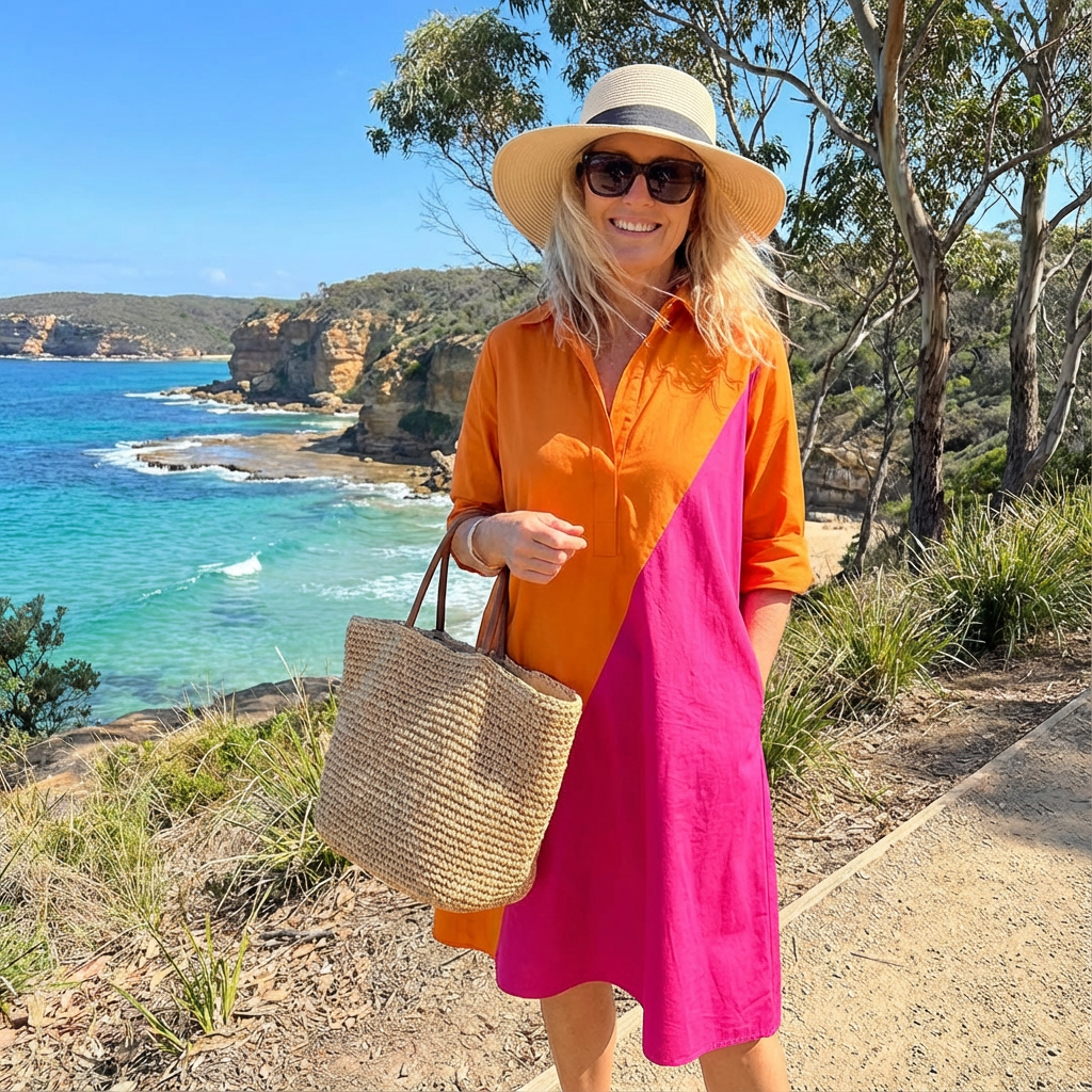Stylish women's button-down color-block midi dress. Long sleeve A-line design for effortless elegance.