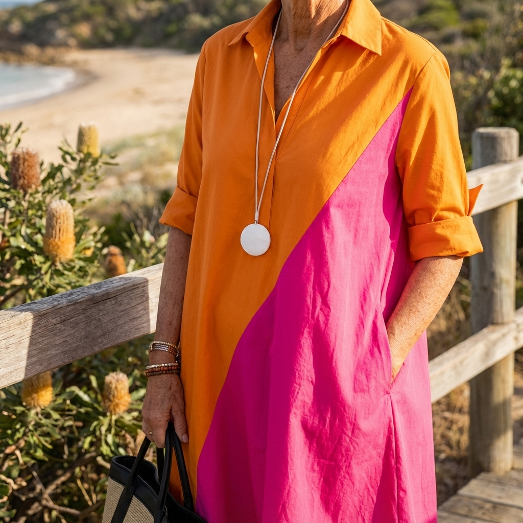 Chic women's color-block midi dress. Elegant long sleeve, button-down A-line design for modern fashion.