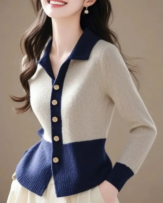 Elegant women's contrast cardigan with long sleeves, perfect for versatile, smart casual sophisticated style.