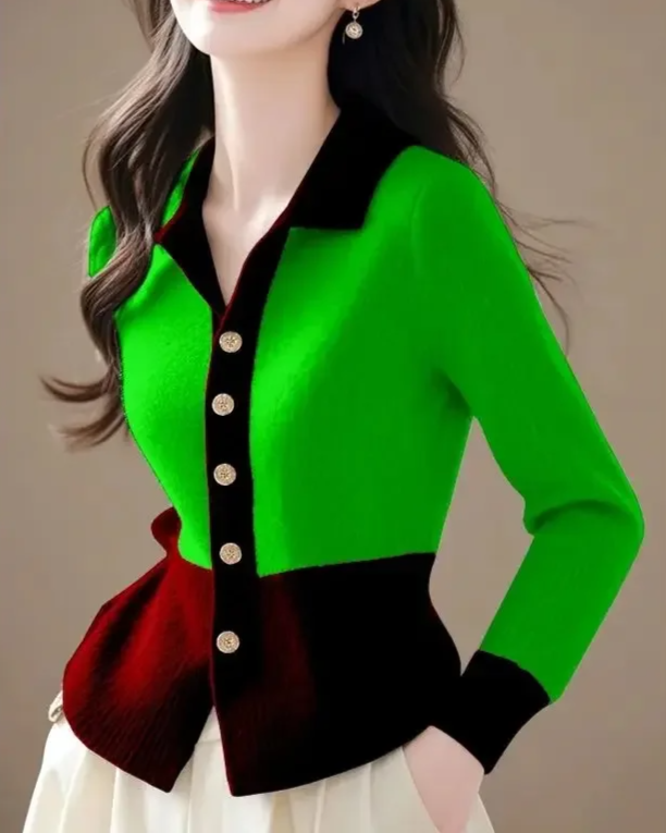 Women's elegant apparel: a contrast design cardigan, offering a refined look for smart casual occasions.