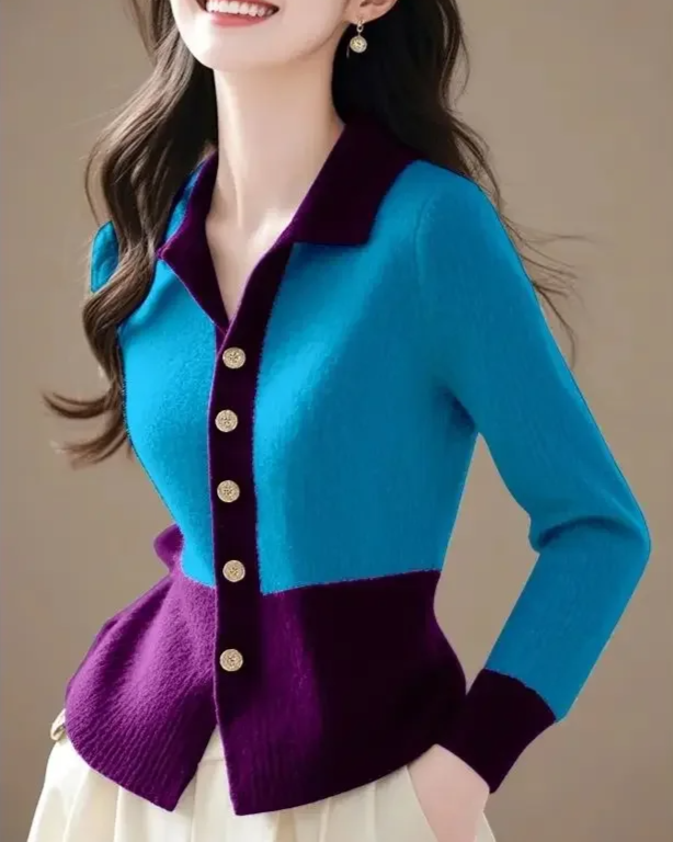 Full length view of a women's elegant contrast cardigan, showcasing its flowing fit and sophisticated appeal.