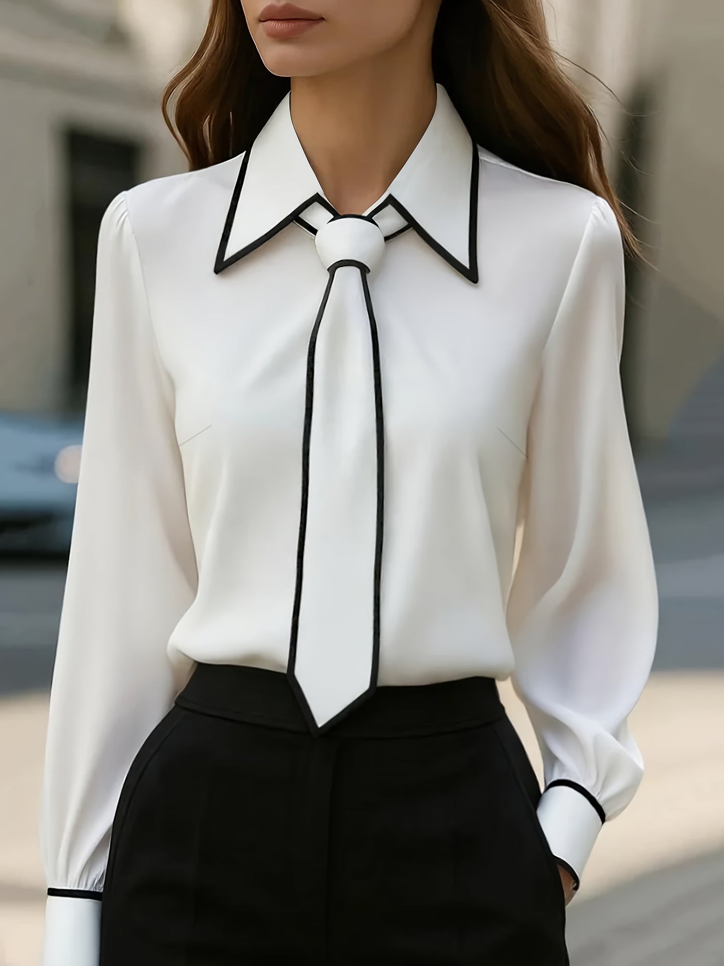 Elegant women's contrast tie blouse with long sleeves, perfect for office or chic everyday style.
