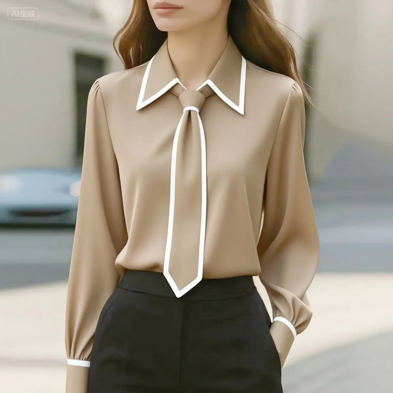 Stylish women's button-down blouse featuring an oversized contrast collar and tie detail.