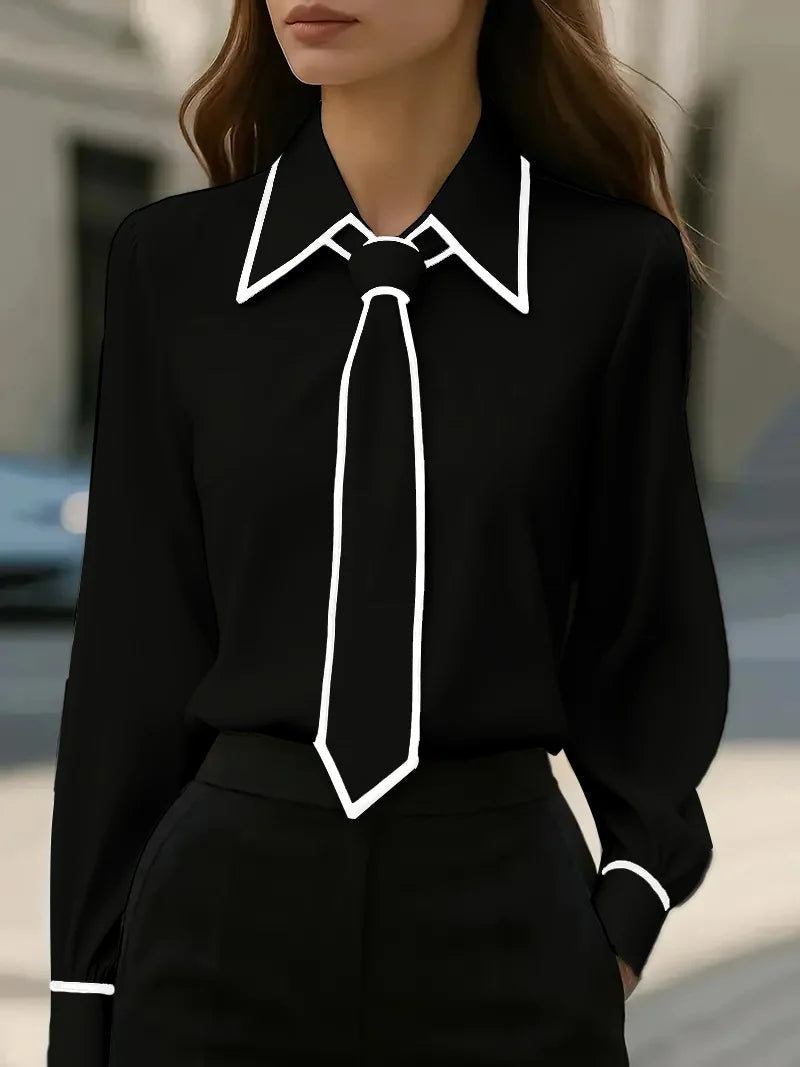 Professional women's long-sleeve tie blouse, ideal for business casual or elegant office wear.