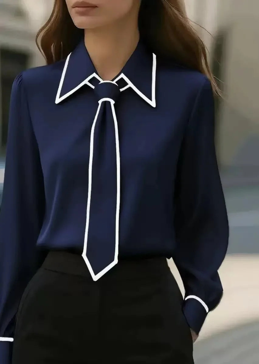 Modern women's elegant contrast tie-neck top, a stylish and versatile button-down shirt.