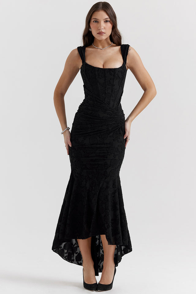 Chic women's fitted bodycon dress featuring an elegant corset bodice & high-low hem for homecoming or prom.