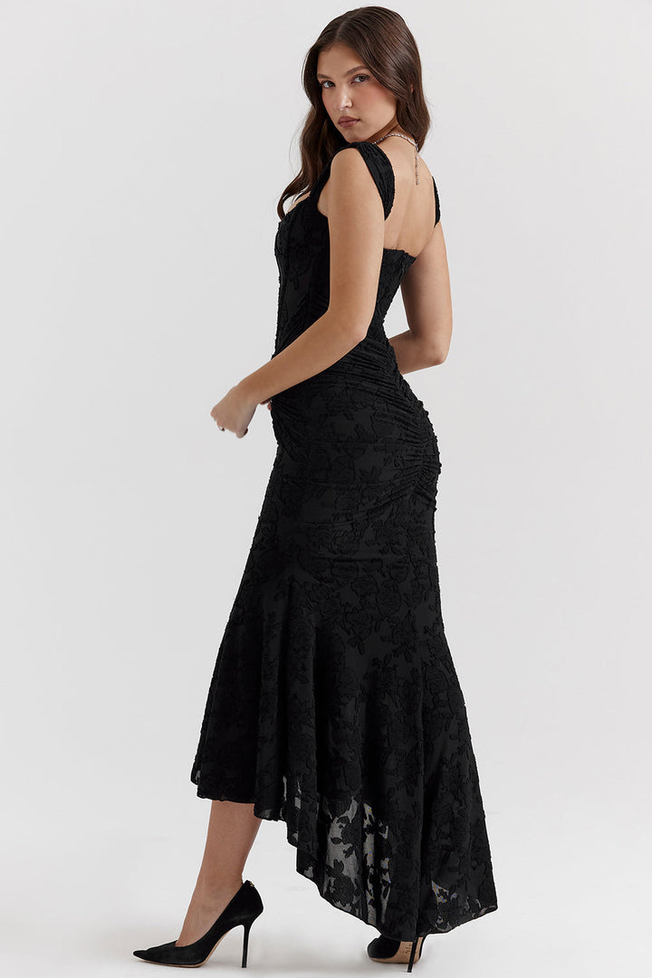 Fitted bodycon homecoming dress with an elegant corset bodice & high-low hem. Ideal for special occasions.