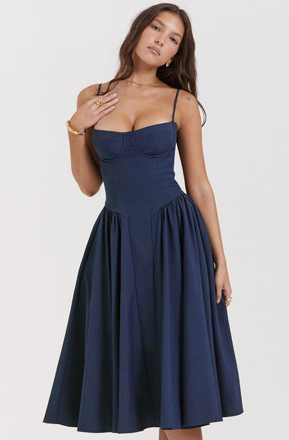 Elegant women's corset midi dress, flattering silhouette for special occasions.