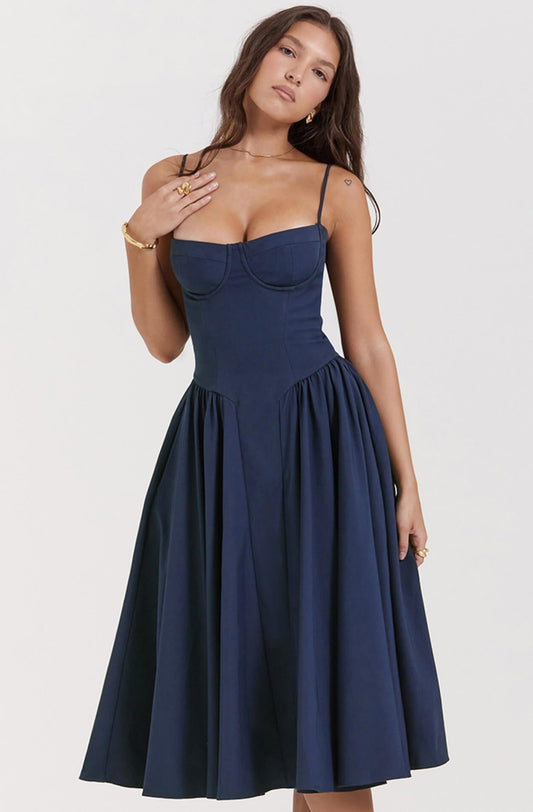 Elegant women's corset midi dress, flattering silhouette for special occasions.