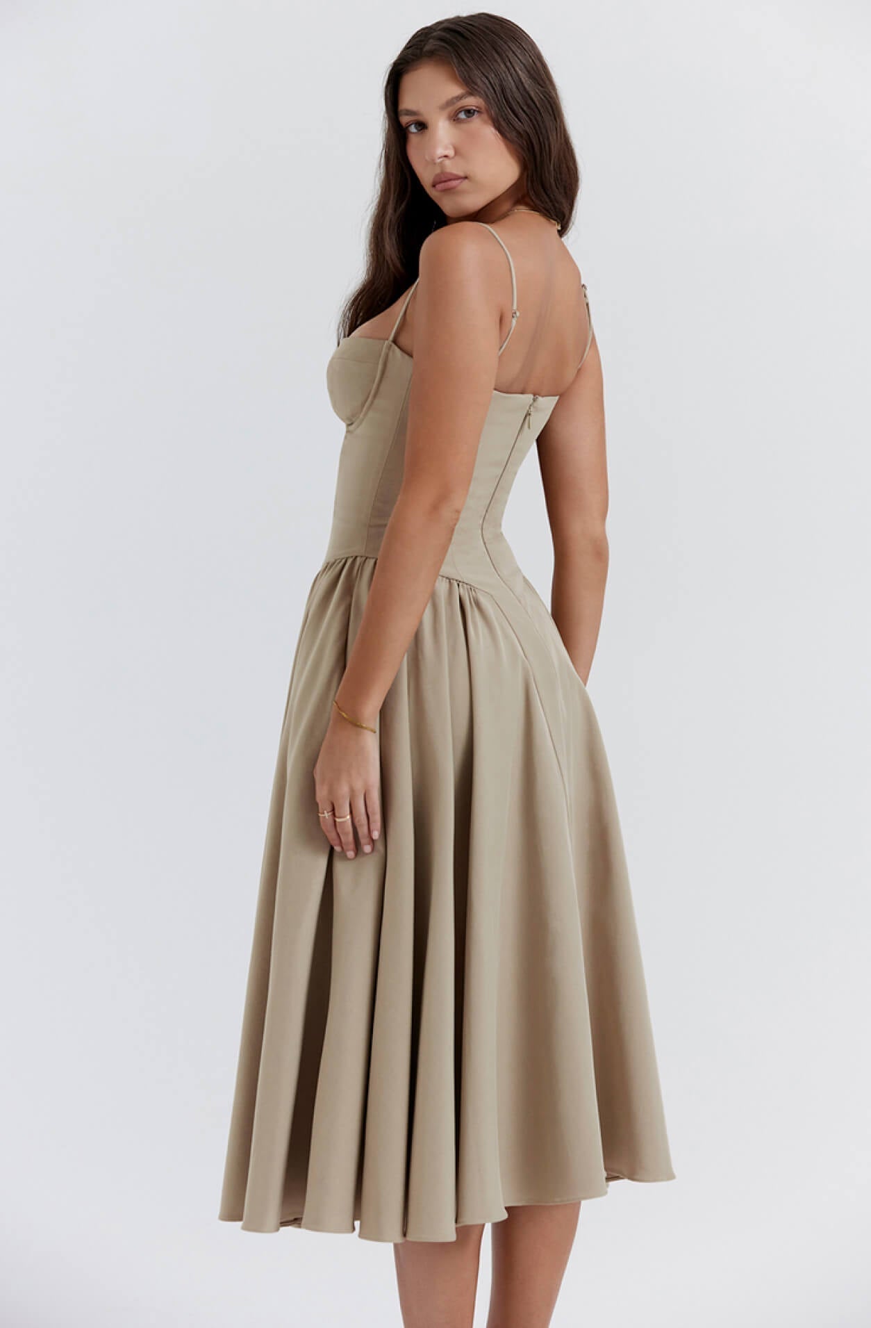 Stylish women's navy or taupe corset midi dress, elegant and flattering for any formal event.