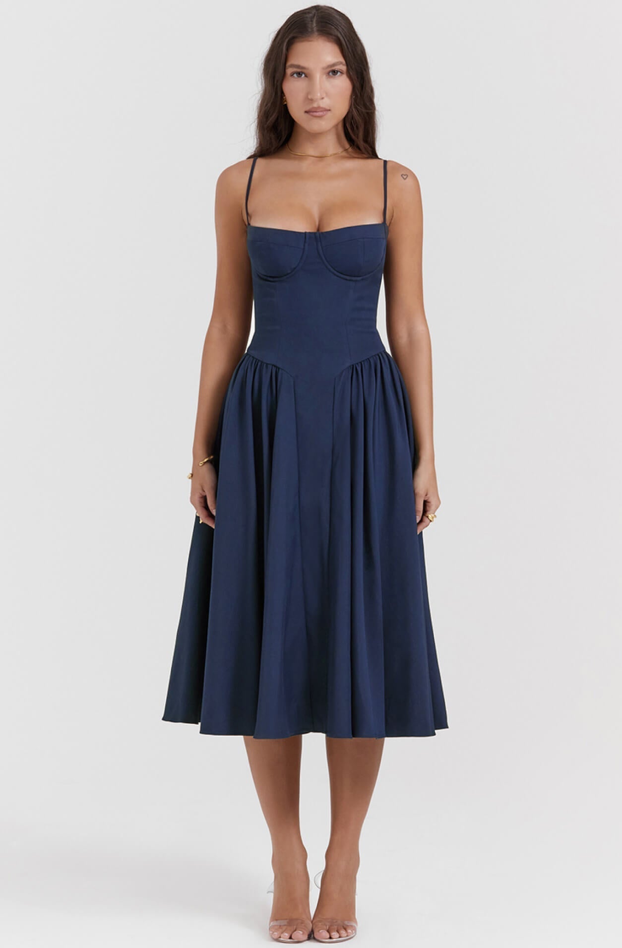 Navy corset midi dress, figure-hugging bodycon style for an elegant party look.