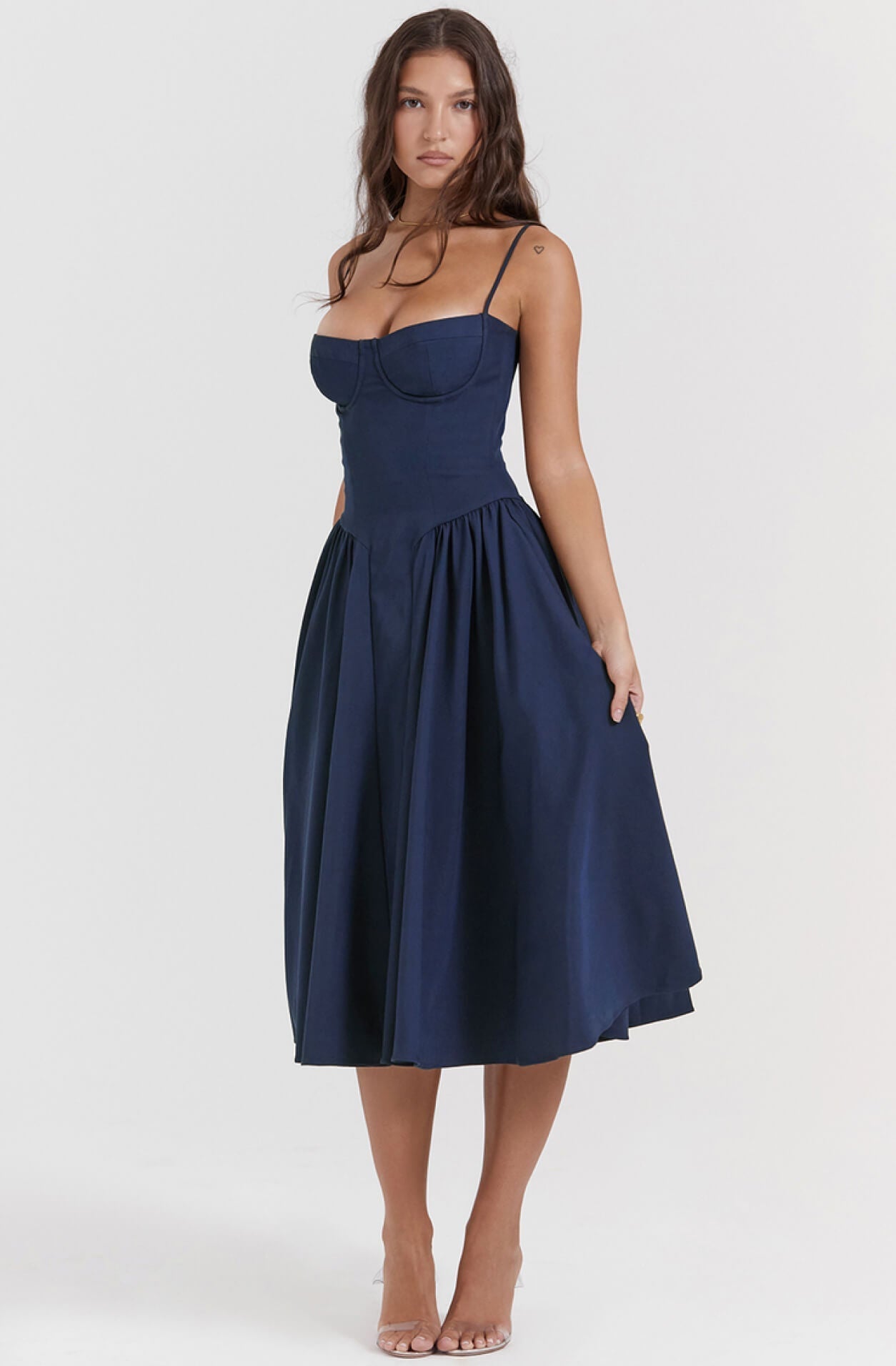 Flattering women's bodycon corset midi dress, perfect for elegant evening wear.