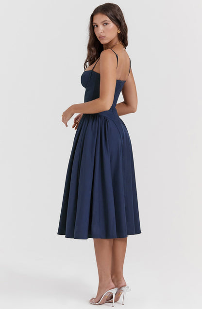 Detailed women's corset midi dress, elegant and figure-hugging formal attire.