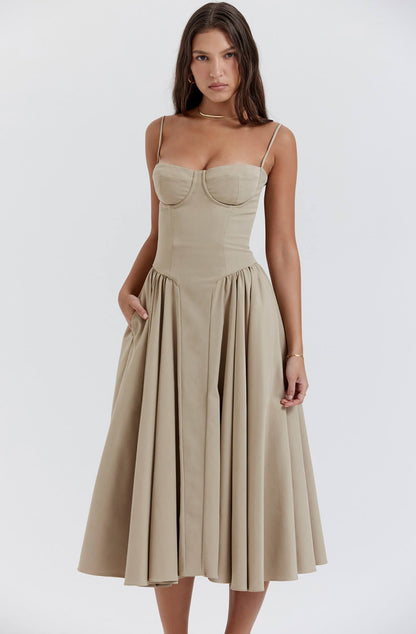 Bodycon elegant midi dress for women, flattering corset style for evening events.