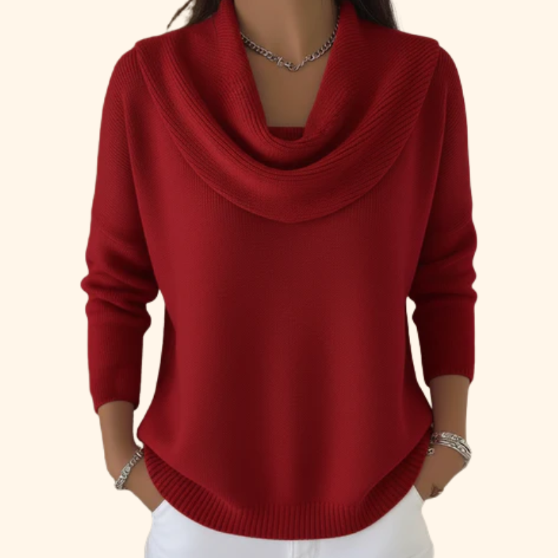 Elegant women's cowl neck sweater in soft knit, perfect for winter. Features a chic draped collar and long sleeves.